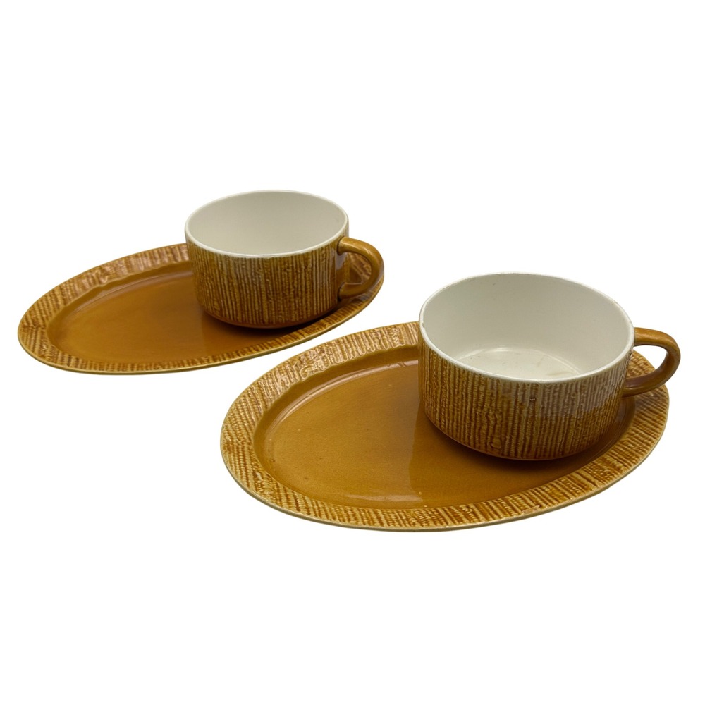 Vintage SECLA Portugal Snack Plate and Cup Set Golden Brown Ceramic Set of 2‎